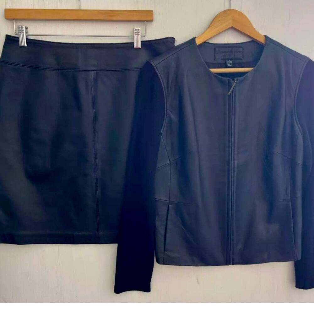 JACLYN SMITH Black Knit & Leather 2 Piece Suit Jacket & Skirt Set Size 12 L